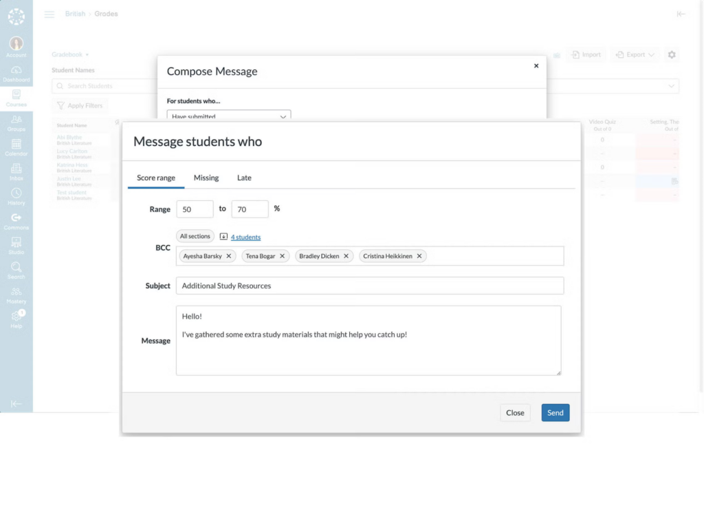 Canvas provides a bulk messaging feature to streamline communication.