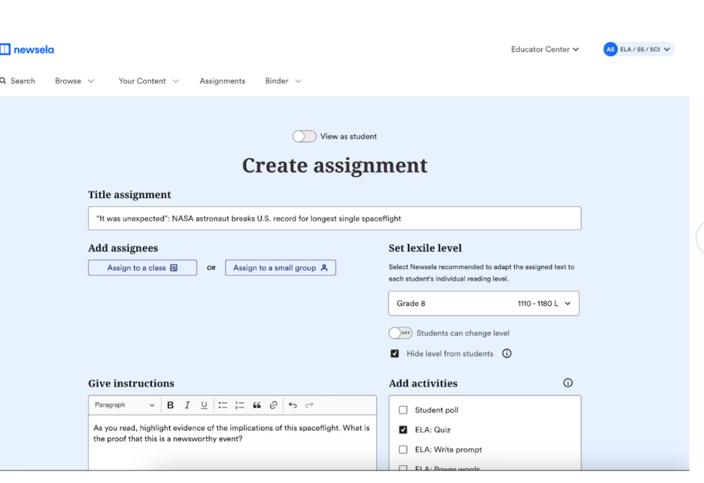 Newsela's assignment flows helps educators adjust reading level for students.