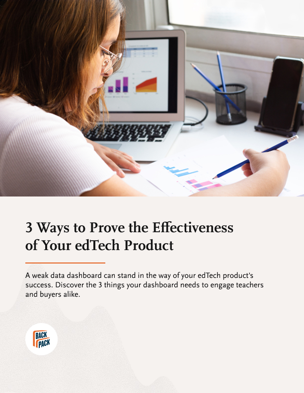 Document cover image for "3 Ways to Prove the Effectiveness ofYour edTech Product," showing a woman working on data reports at a desk.