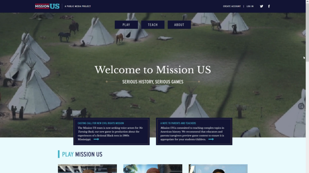 The home page of "Mission US," an educational app that supports the learner experience with strong product navigation choices.